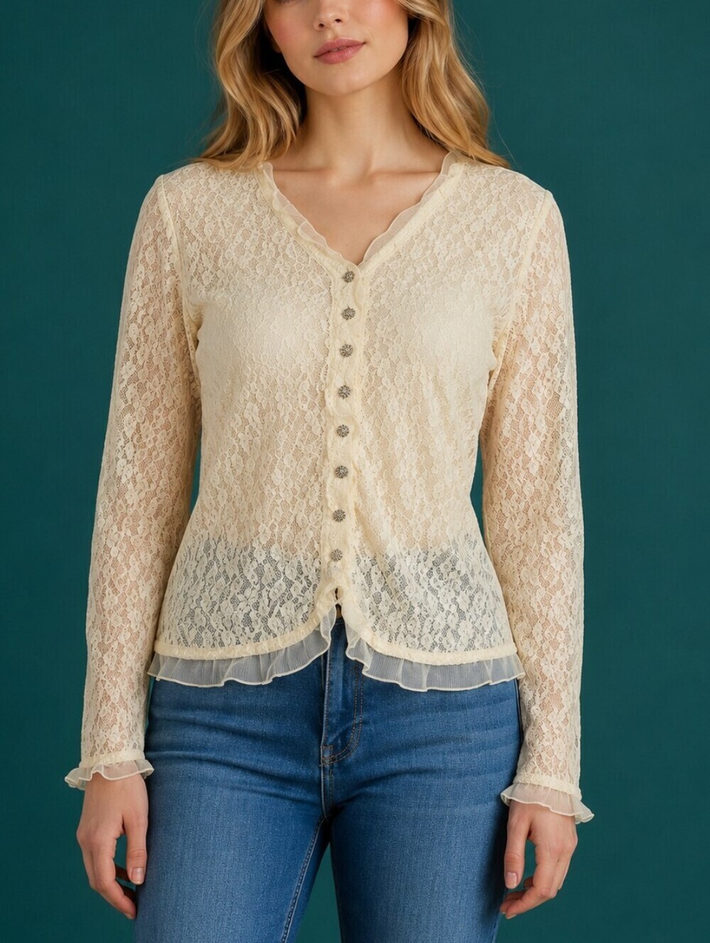 Vtg JUDITH HART Antique Lace Jewel Button Down Romantic Castlecore Shirt